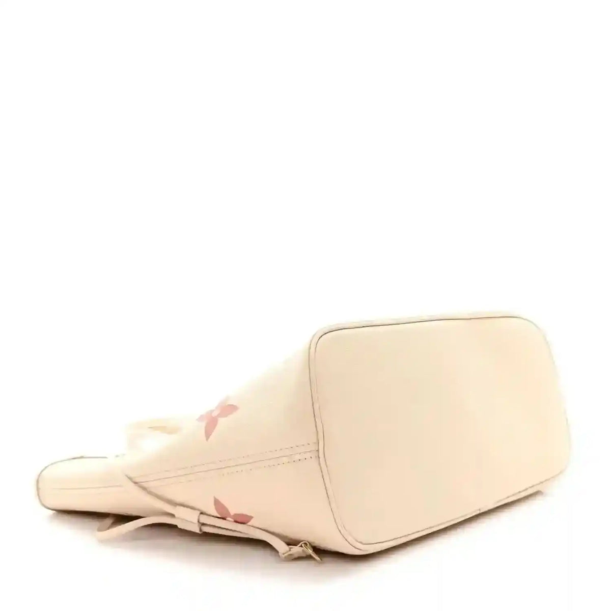Louis Vuitton Neverfull MM tote bag bottom side view, creme with rose monogram accents