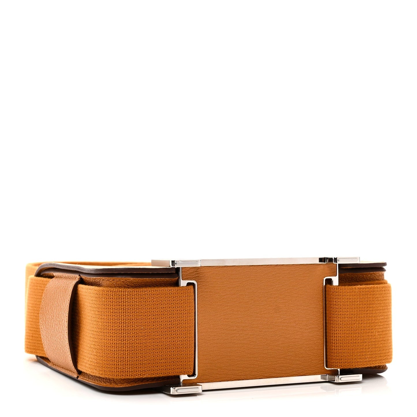Caramel messenger bag with wide webbing belt strap and silver-tone buckle hardware