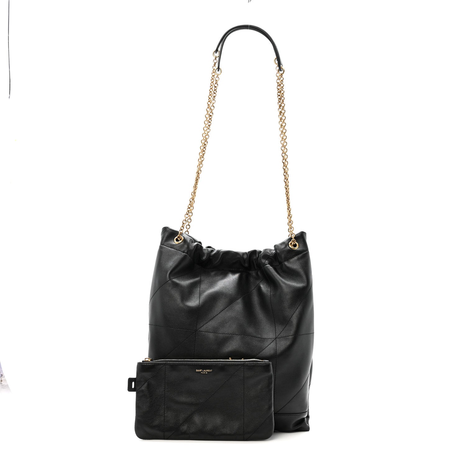 Black quilted leather drawstring bag with gold chain and attached zip pouch