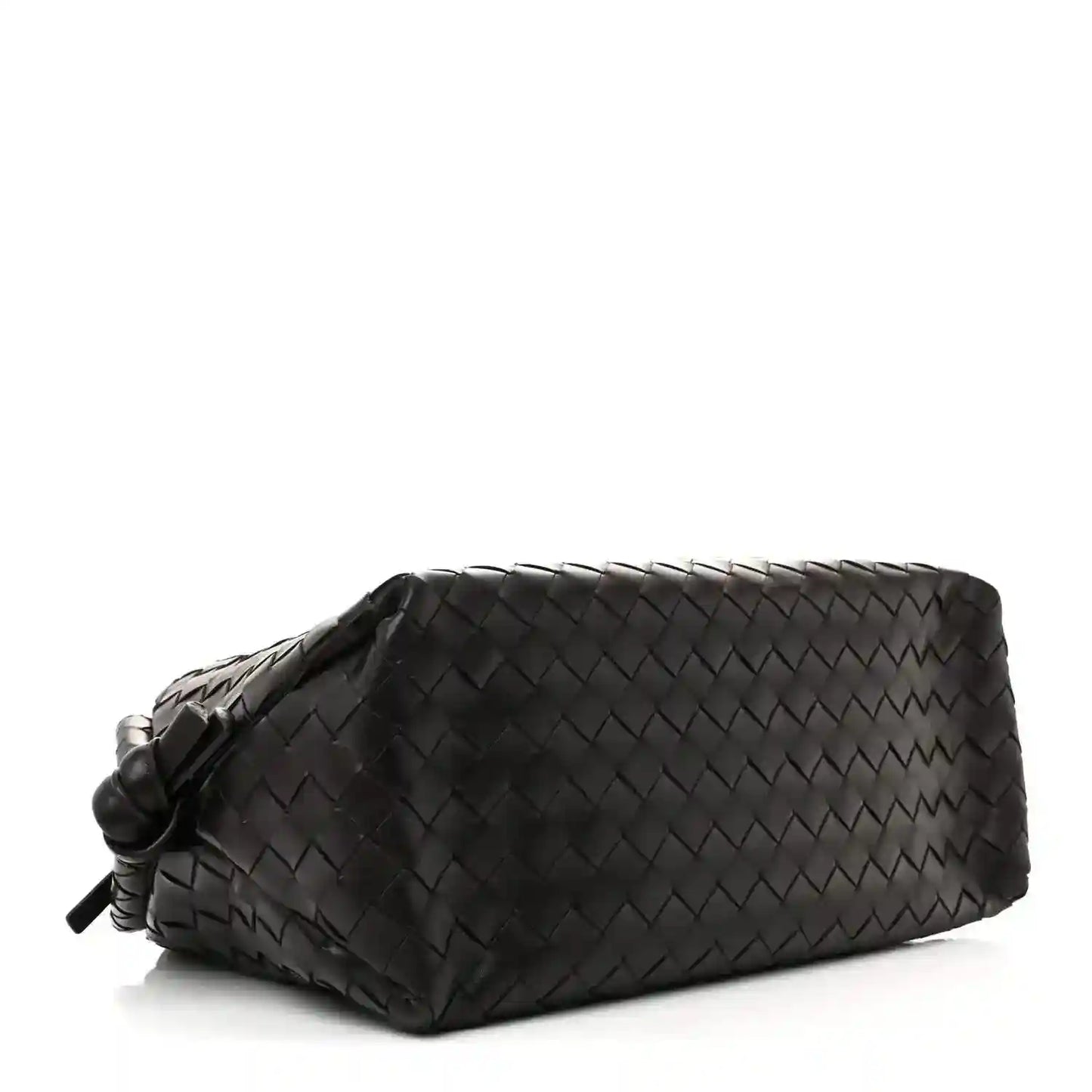 Black woven leather weekender bag with knotted tassel detail on the side