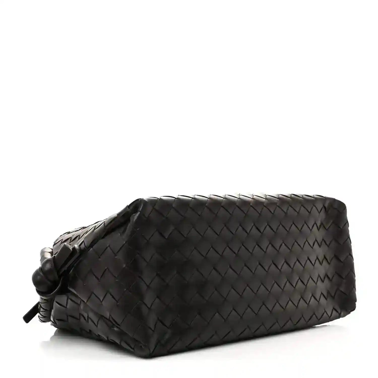 Black woven leather weekender bag with knotted tassel detail on the side