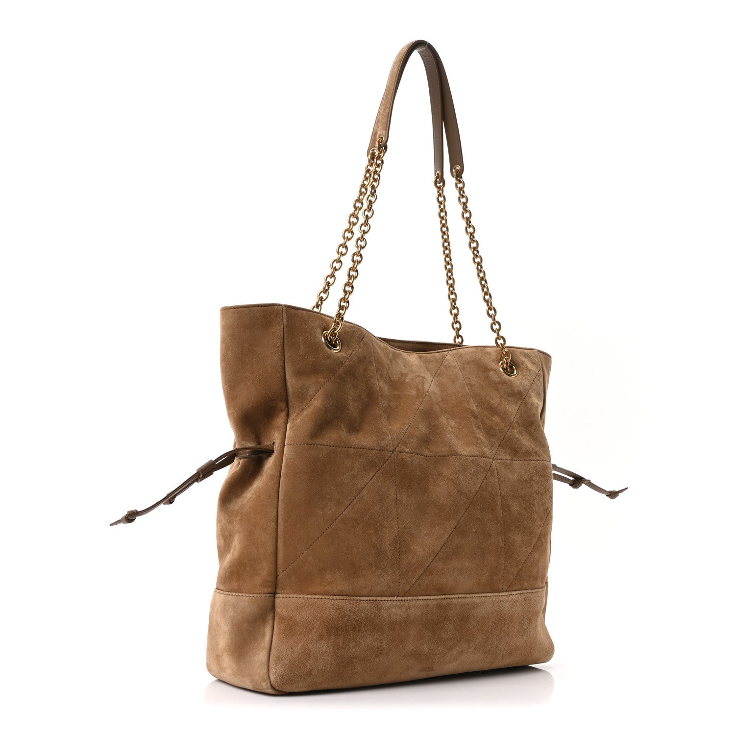 Suede medium tote bag with chain handles and YSL logo, angled view