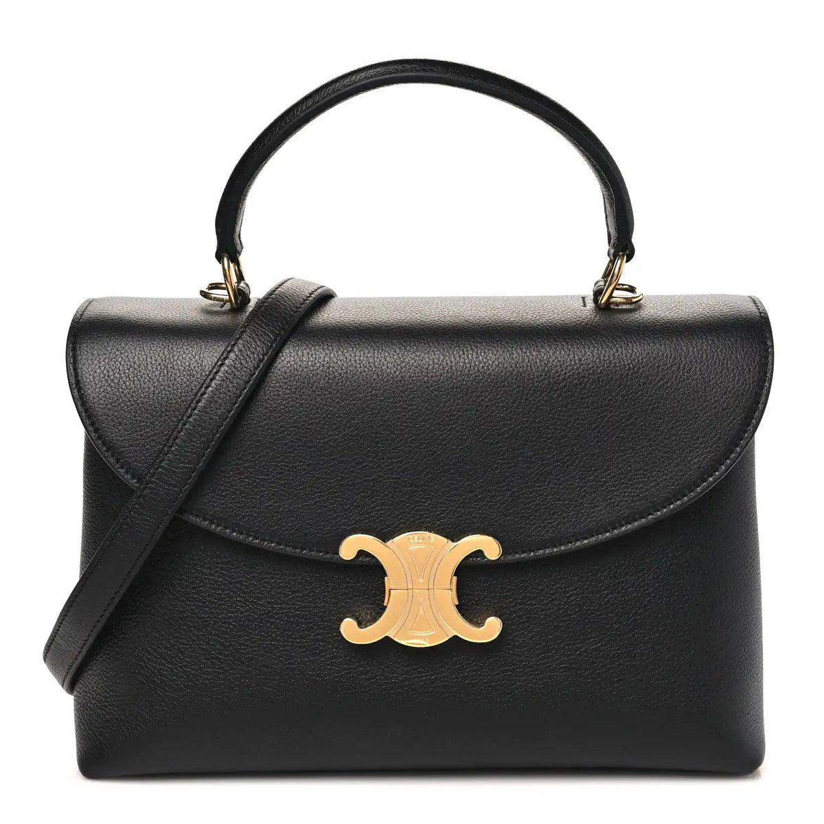 Black Celine grained calfskin medium shoulder bag with gold-tone clasp and handles