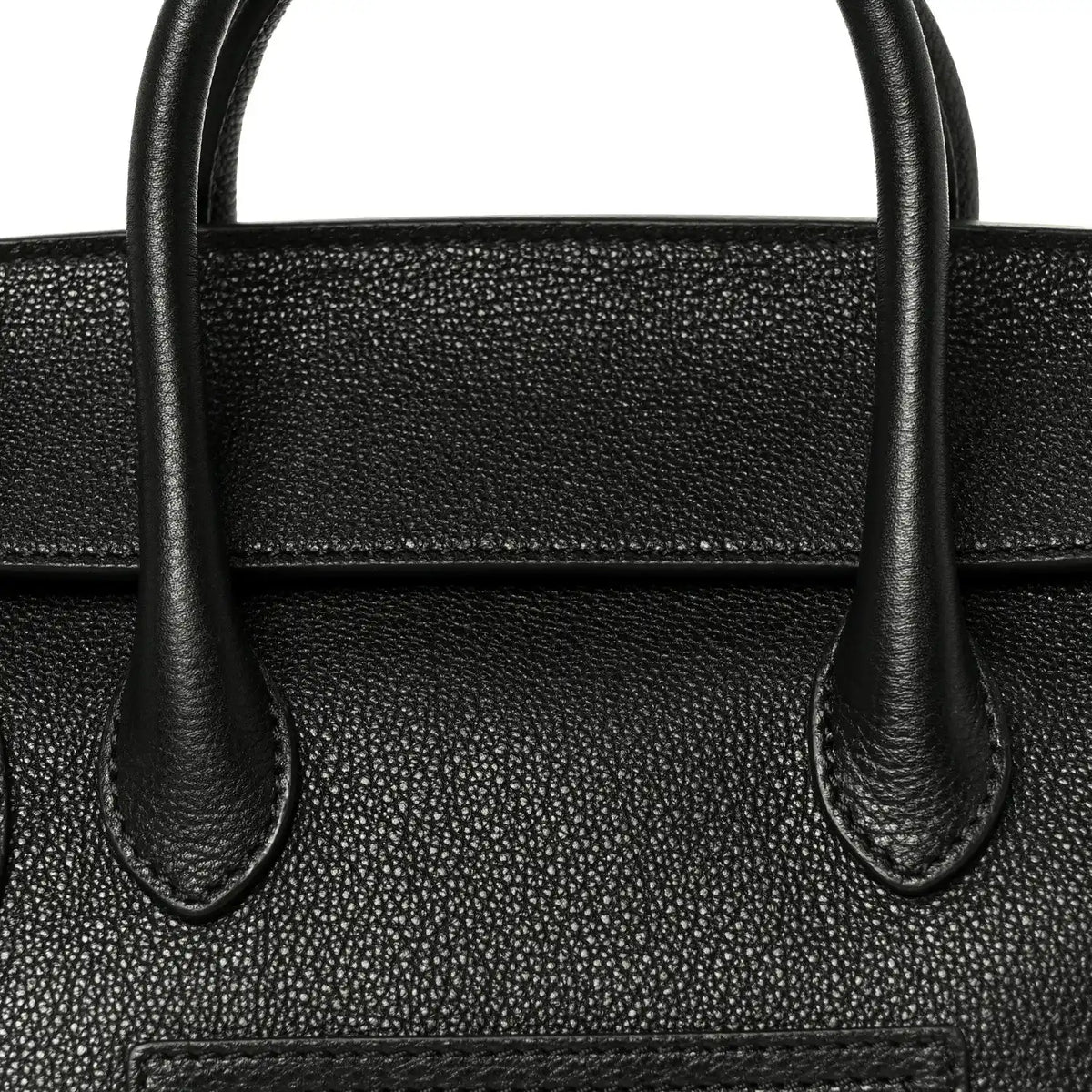 Black grained leather tote with curved top handles