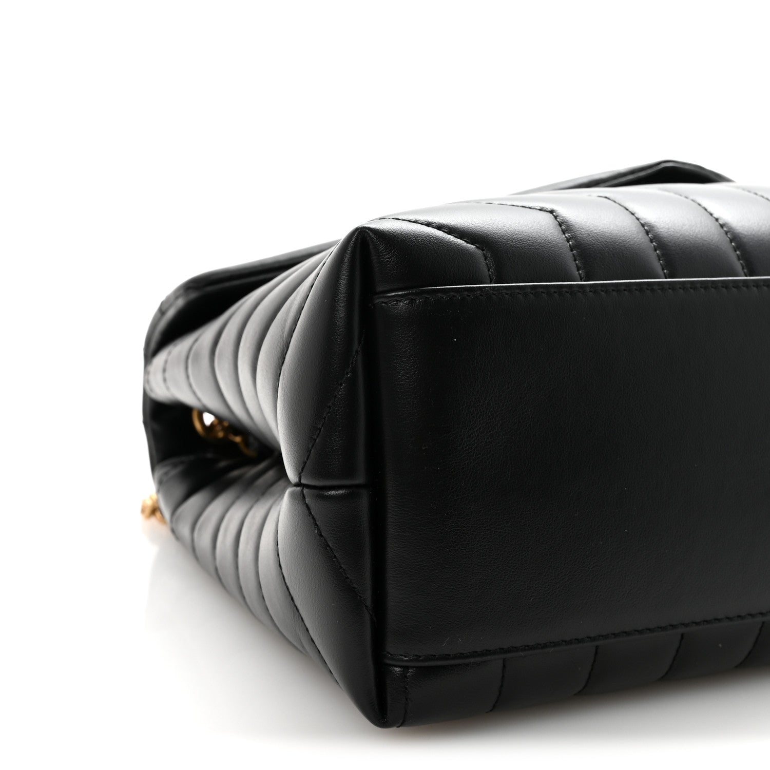 Black quilted calfskin satchel side with structured base and stitched edges
