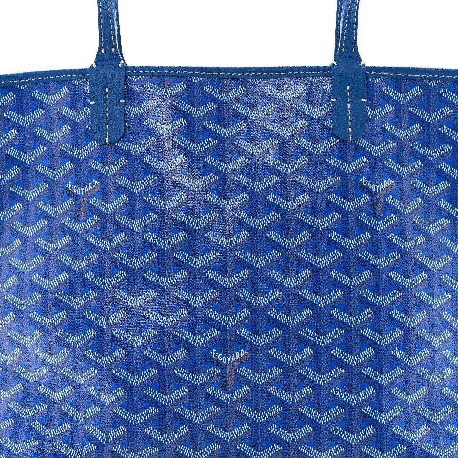 Close-up of sky blue tote bag front panel with repeating Goyardine-style pattern