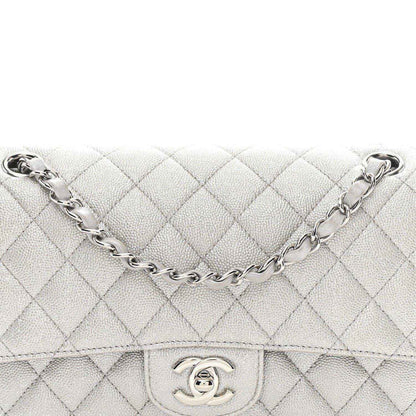 Chanel quilted silver double flap bag front close-up with CC turn-lock and chain