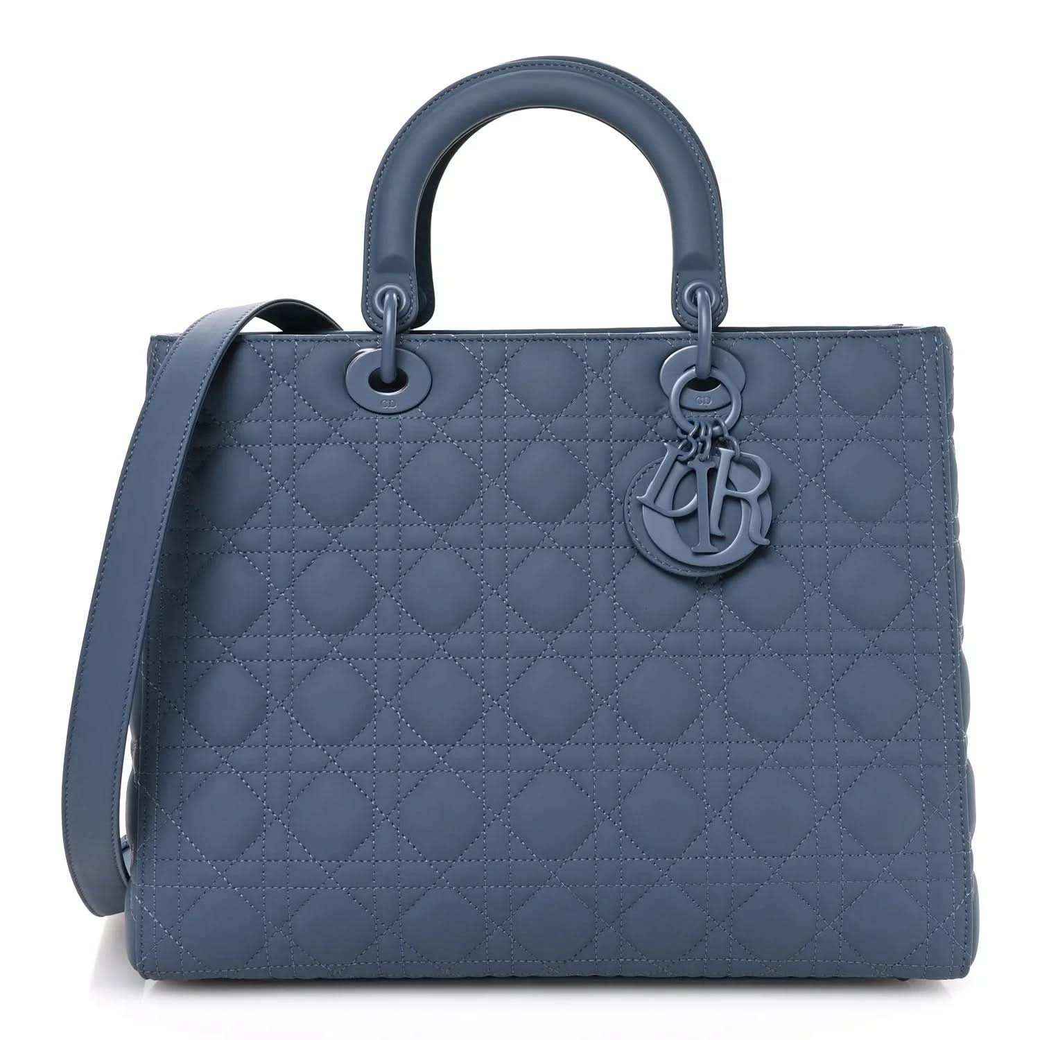 Denim blue quilted Lady Dior bag with top handles and CD charm hardware