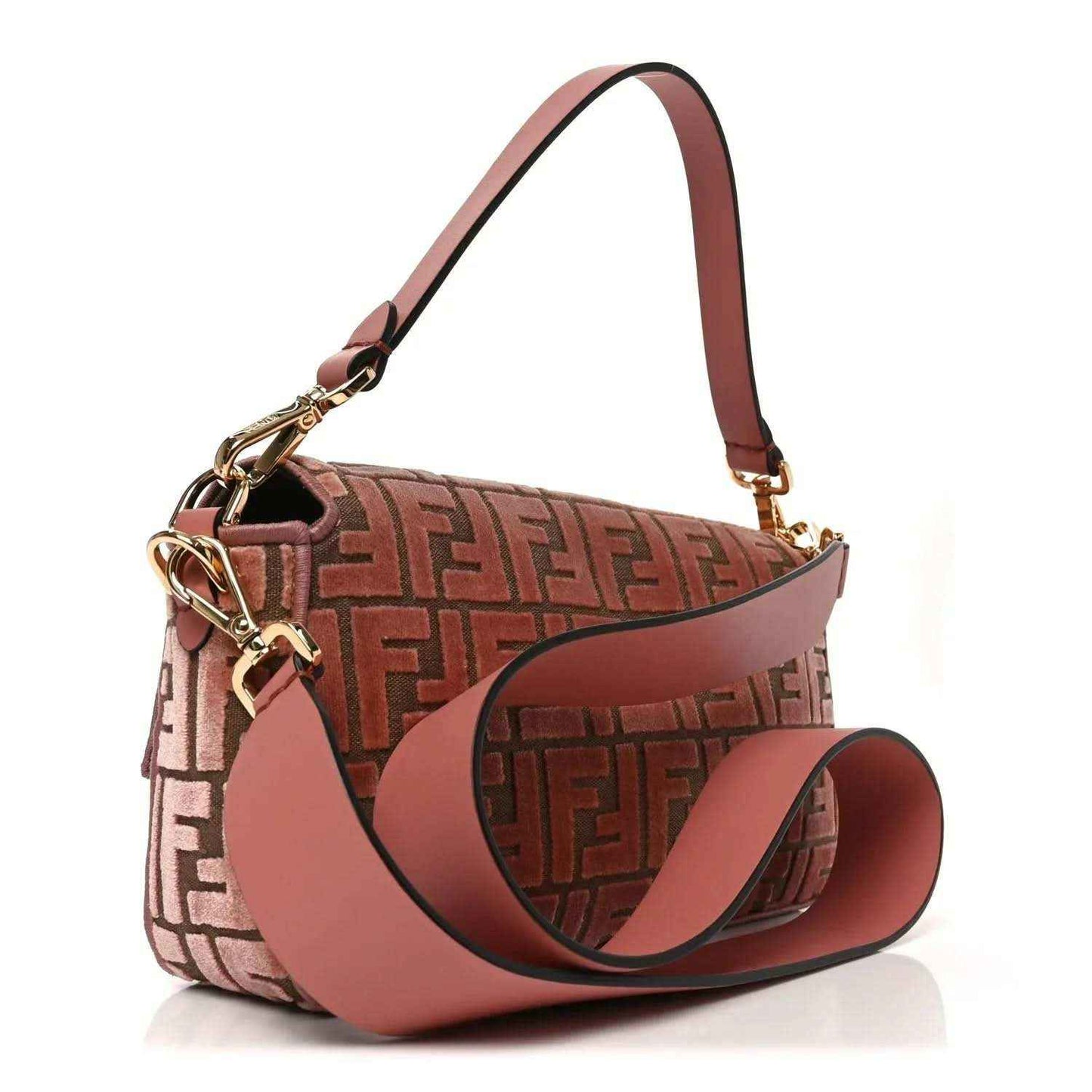 Pink velvet jacquard baguette bag with FF pattern and wide top handle strap