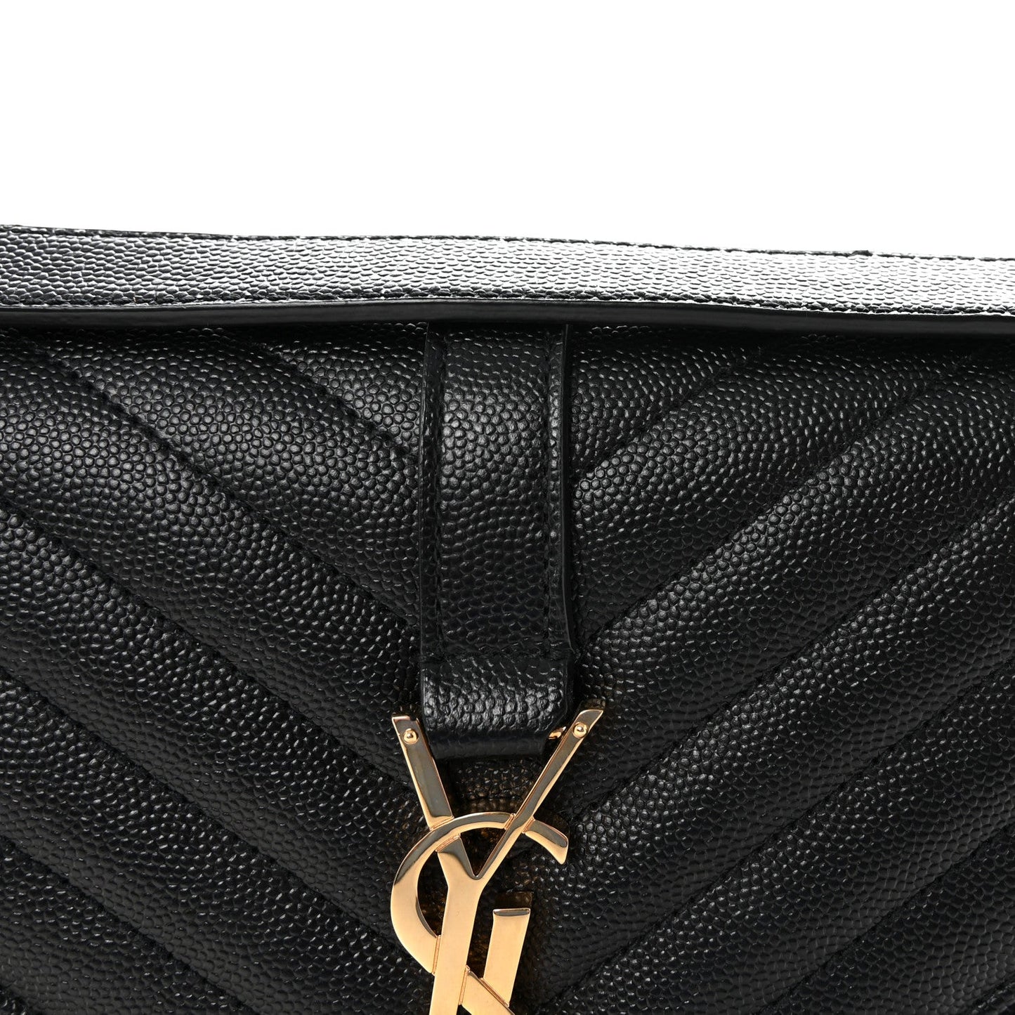 Black quilted flap with gold YSL monogram clasp in the center