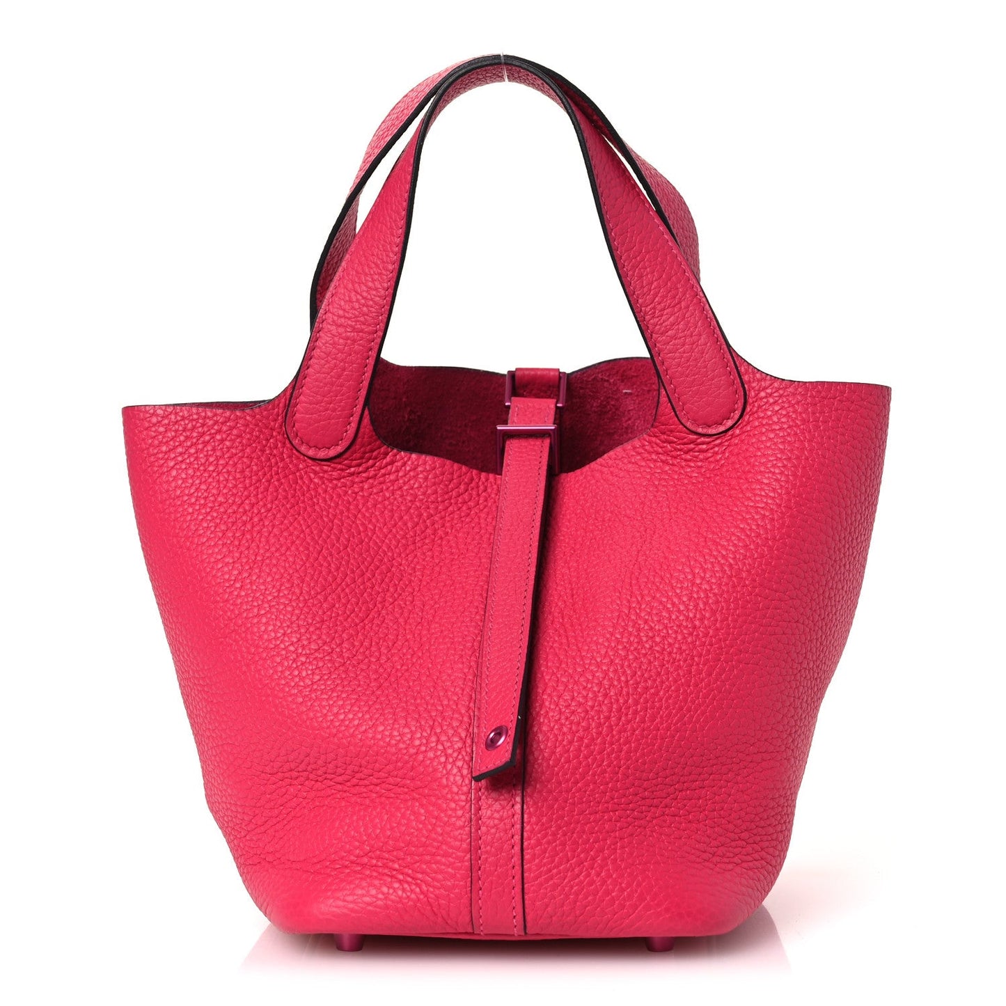 Rose pink textured calfskin bucket tote with top handle and front strap buckle