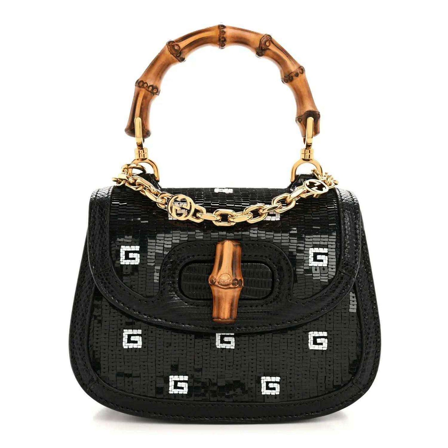 Gucci mini top handle bag, black embossed lizard texture, bamboo handle and gold chain