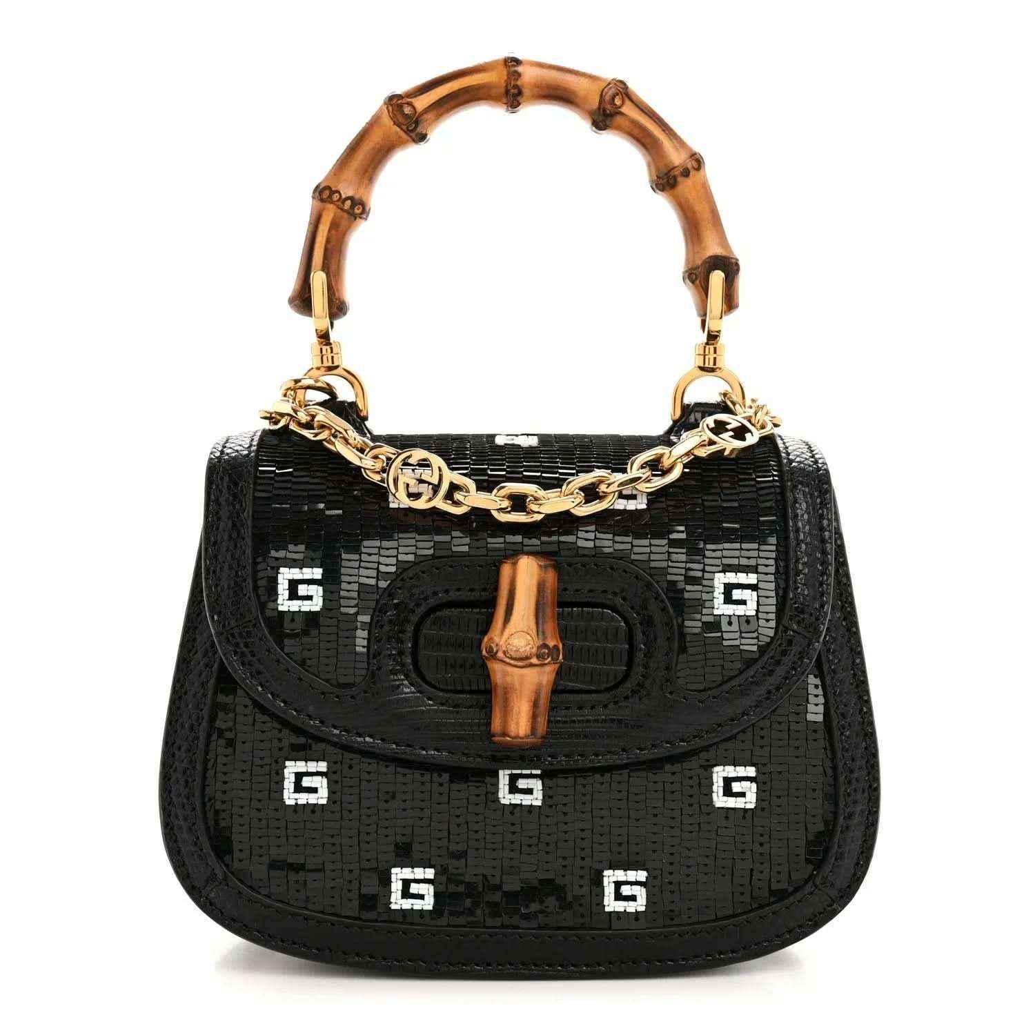 Gucci mini top handle bag, black embossed lizard texture, bamboo handle and gold chain