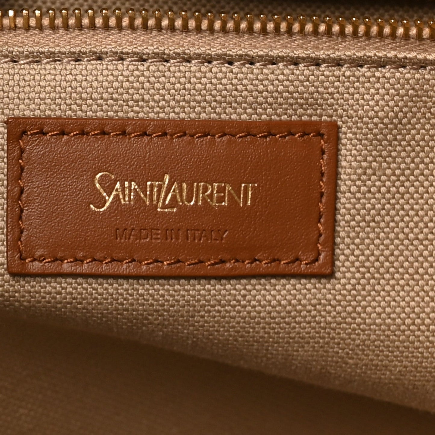 Saint Laurent logo leather patch on canvas Y tote, made in Italy, desert dust