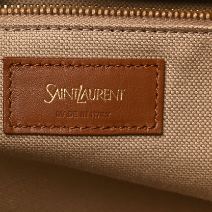 Saint Laurent logo leather patch on canvas Y tote, made in Italy, desert dust