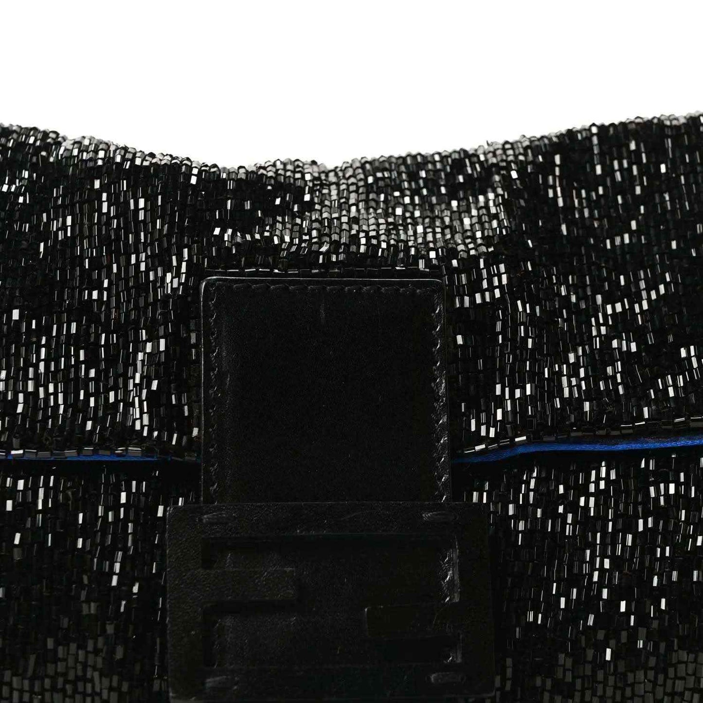 Black beaded baguette front with leather tab clasp and blue trim