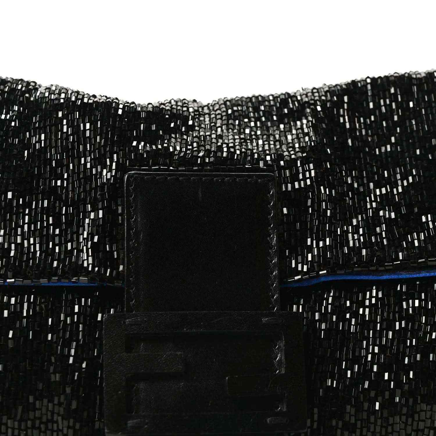 Black beaded baguette front with leather tab clasp and blue trim