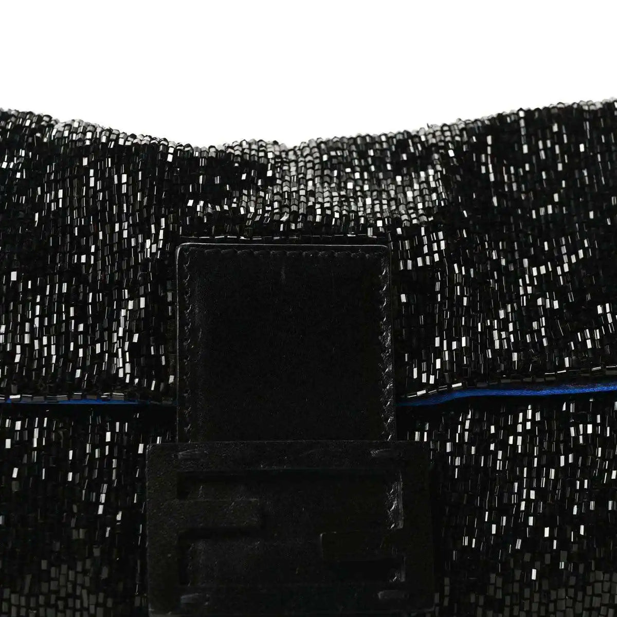 Black beaded baguette front with leather tab clasp and blue trim