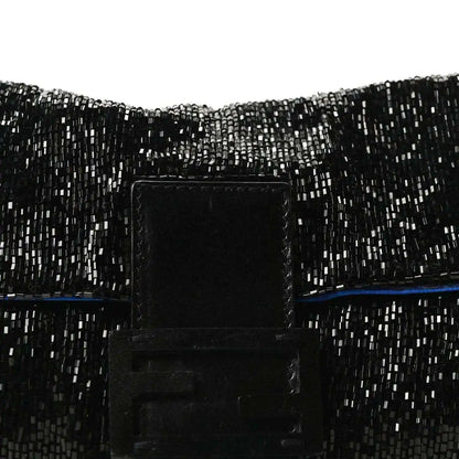 Black beaded baguette front with leather tab clasp and blue trim