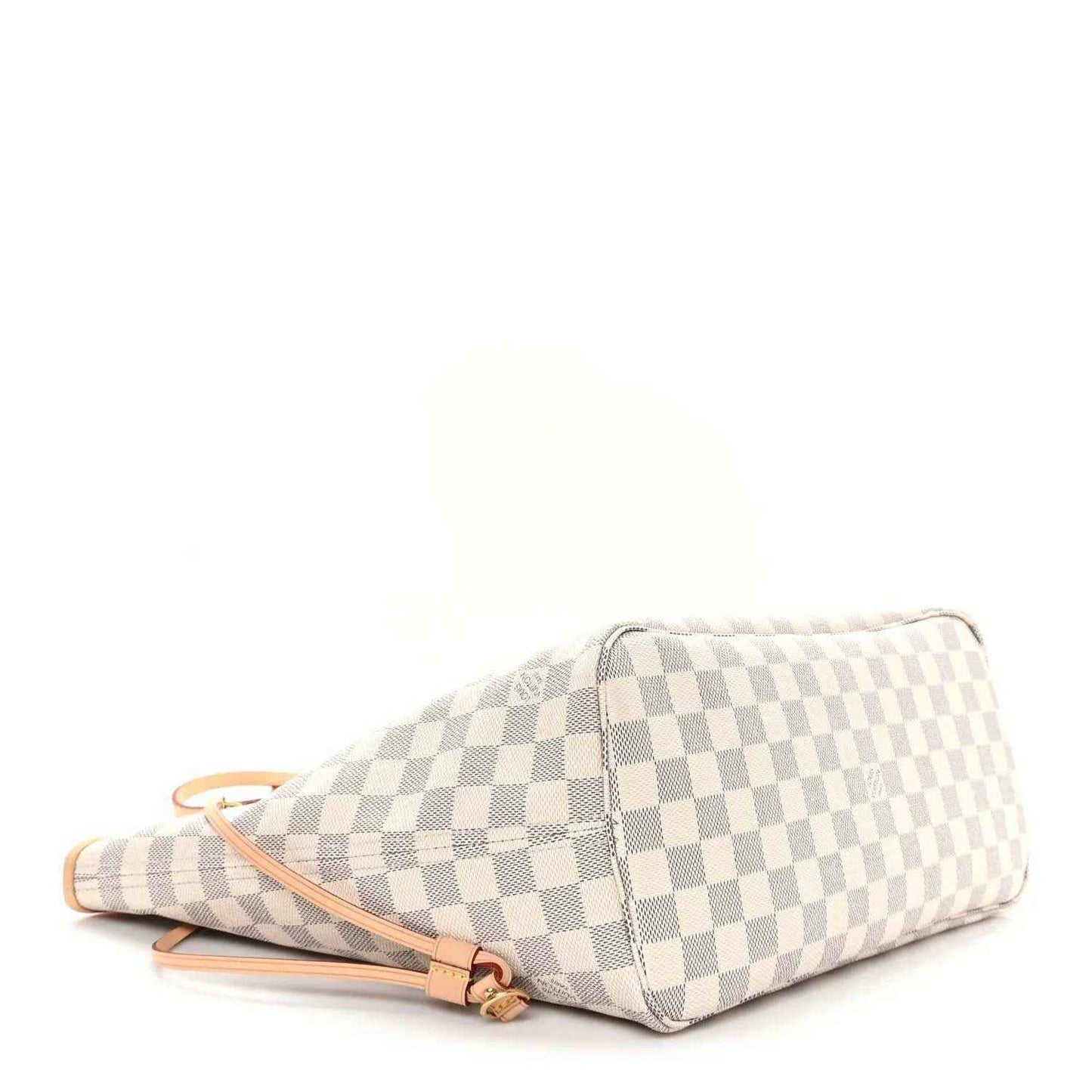 Louis Vuitton Damier Azur checkered tote bag with pink leather trim, side view