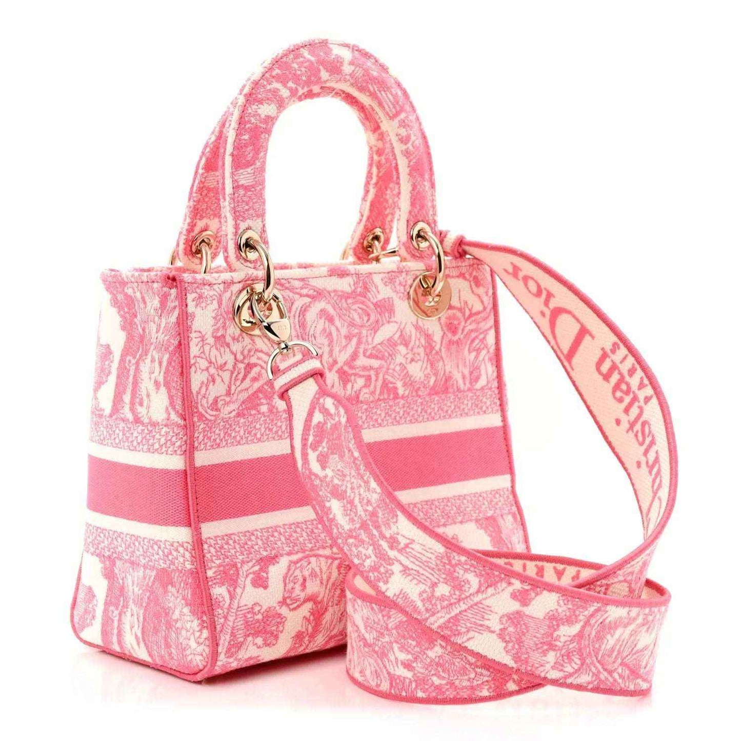 Pink tote bag with top handles and long crossbody strap, gold-tone hardware