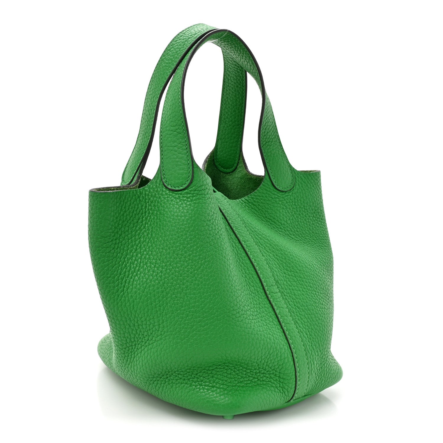 Green leather Picotin Lock 18 PM tote bag with dual top handles and curved sides