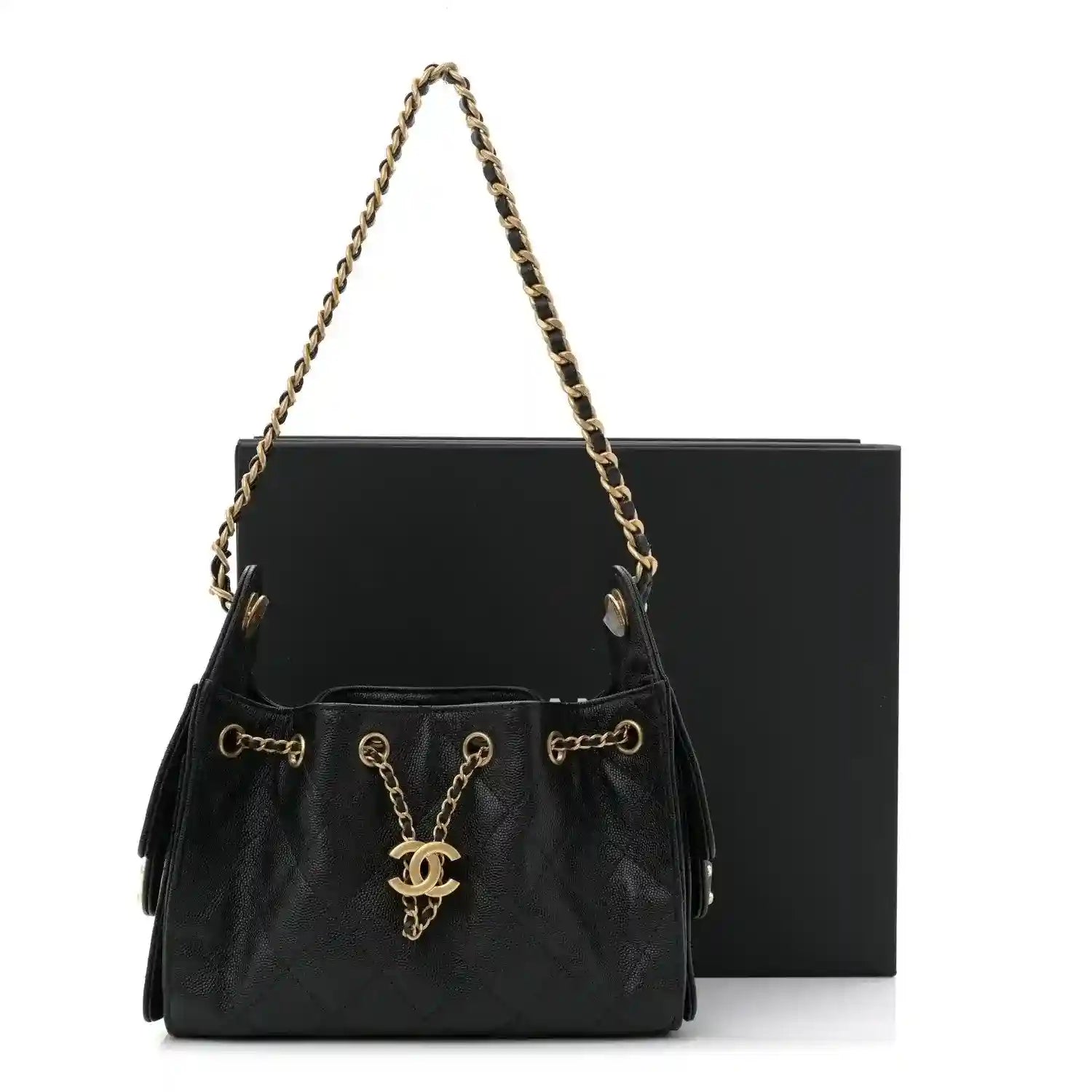 Chanel black caviar quilted mini 25 handbag with chain strap and CC charm, dark hardware