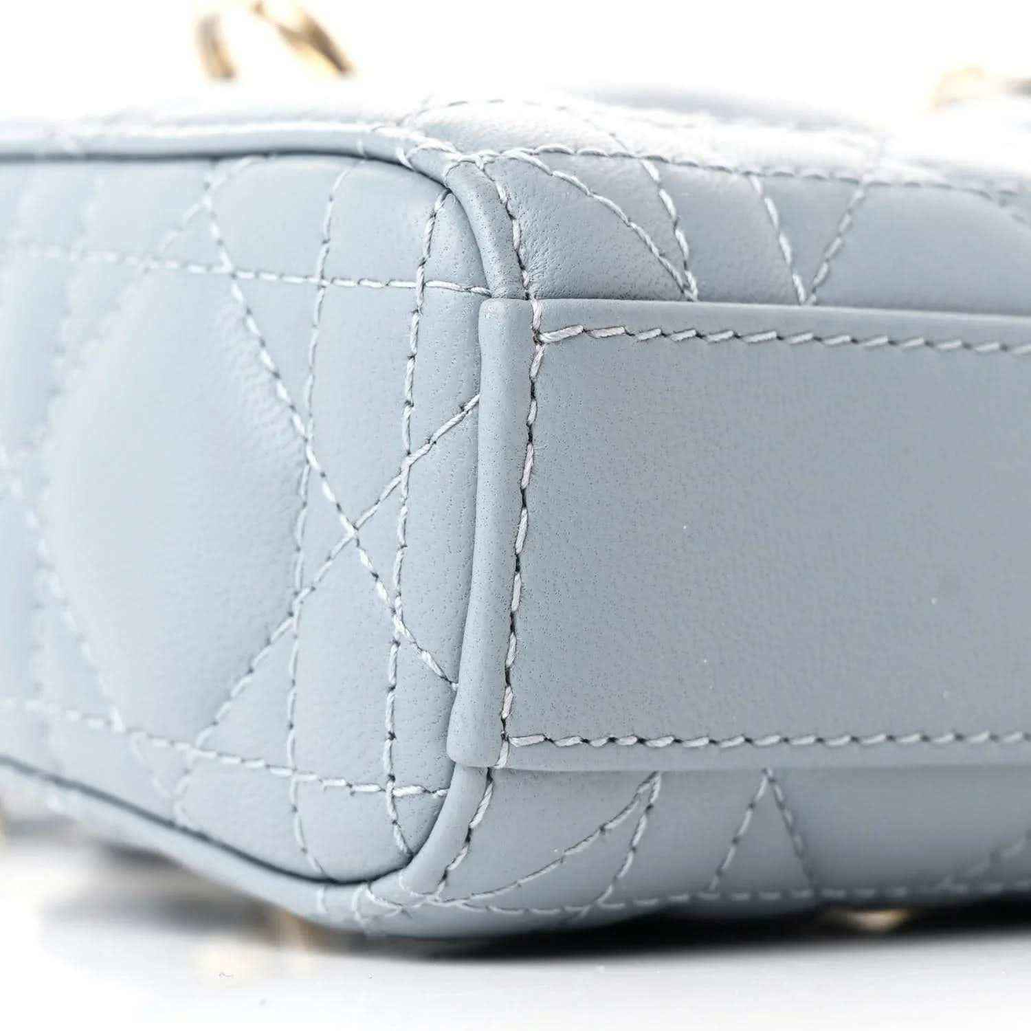 Micro Lady D-Joy bag side panel in light blue with cannage quilting and corner seam