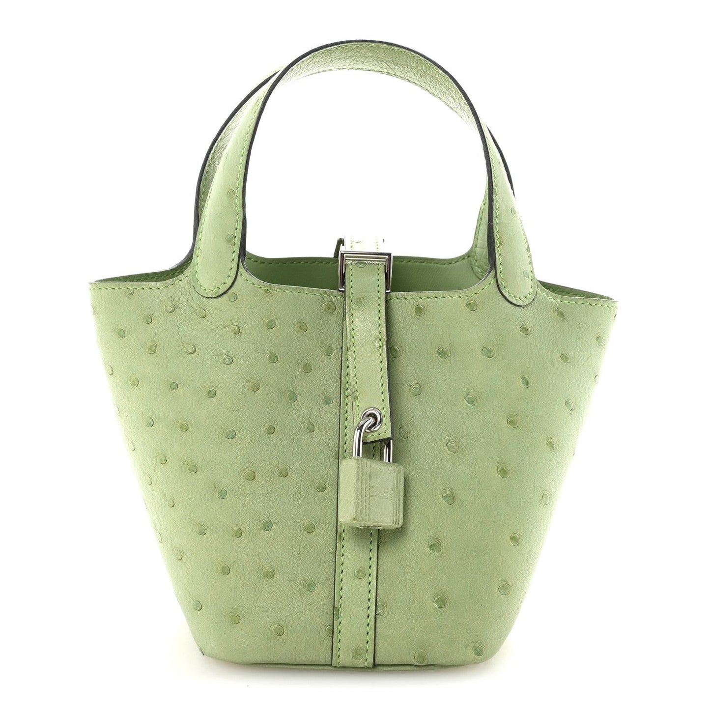Green mini handbag with top handles, central lock, and ostrich texture pattern