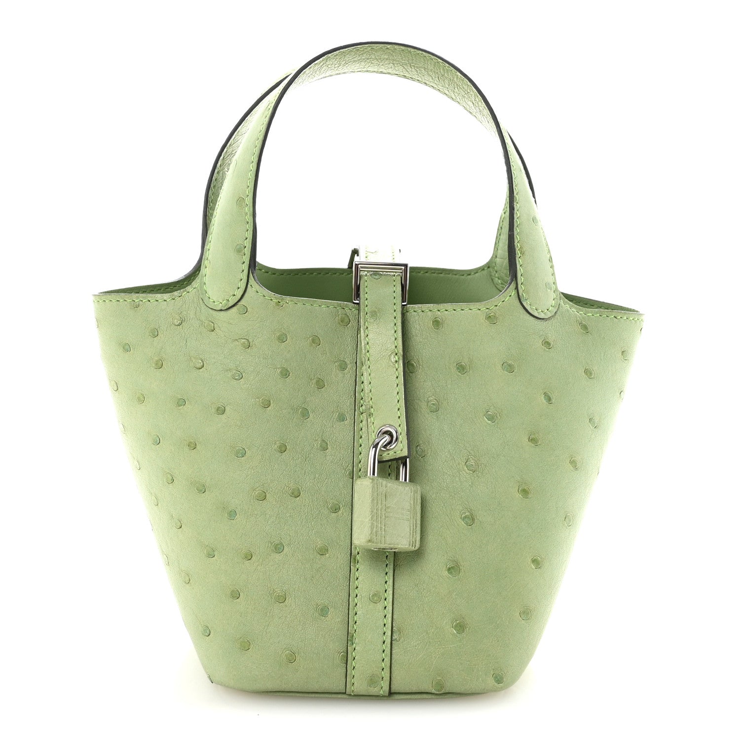 Green mini handbag with top handles, central lock, and ostrich texture pattern