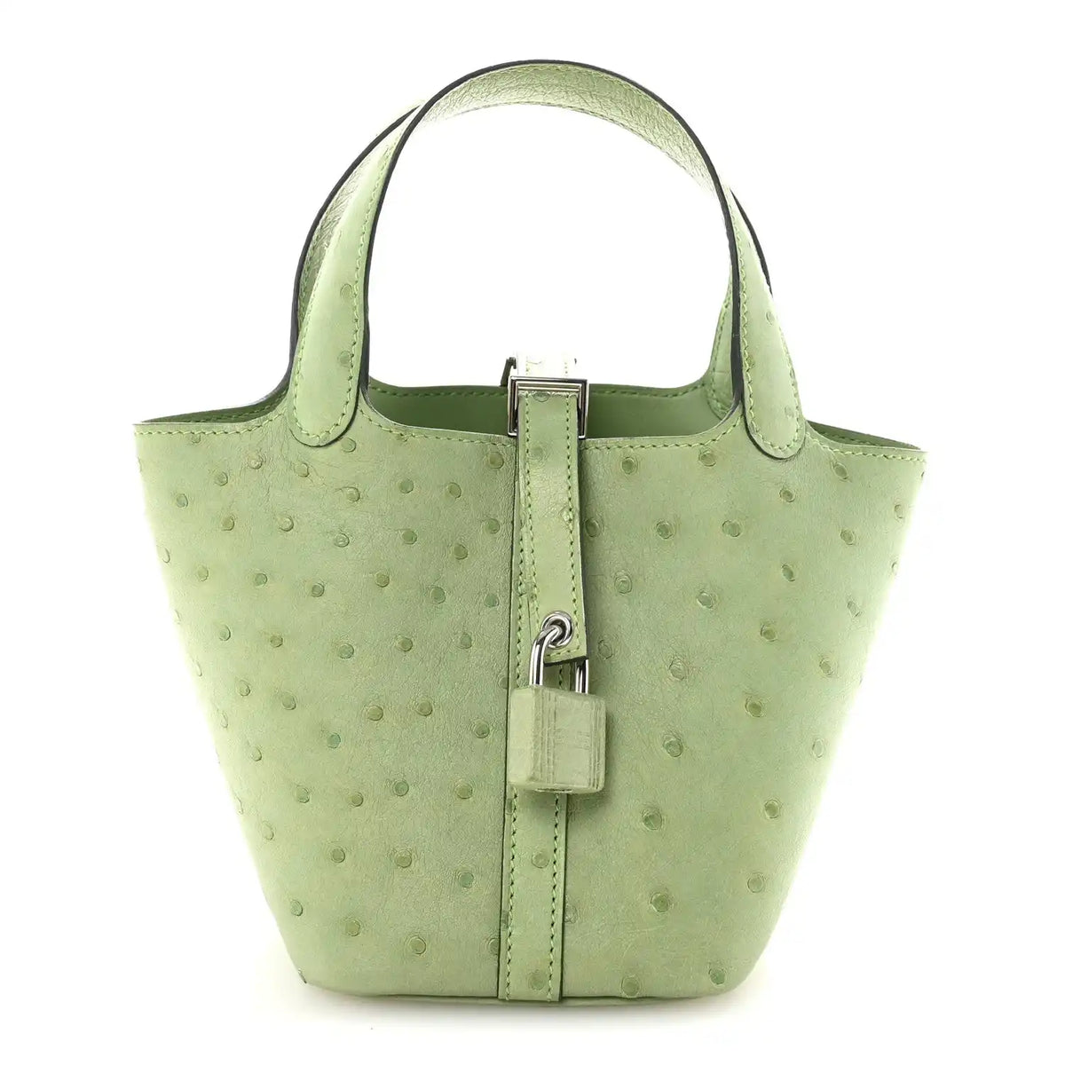 Green mini handbag with top handles, central lock, and ostrich texture pattern