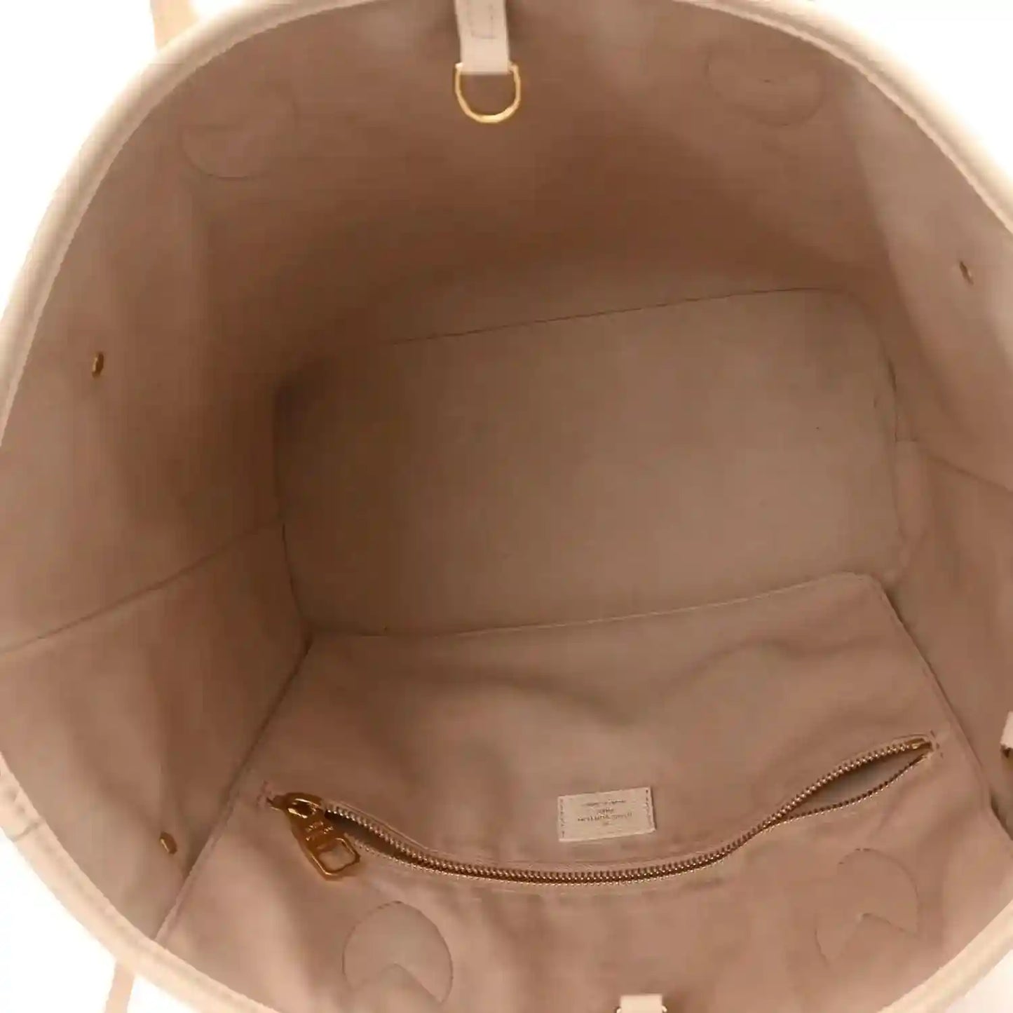 Louis Vuitton Neverfull MM tote bag interior view with zip pocket and hanging strap