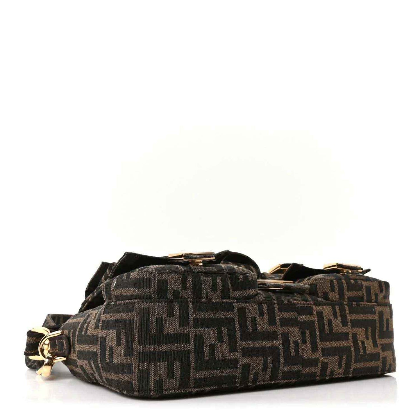 Dark brown jacquard baguette bag with FF pattern, top handle, and clasp