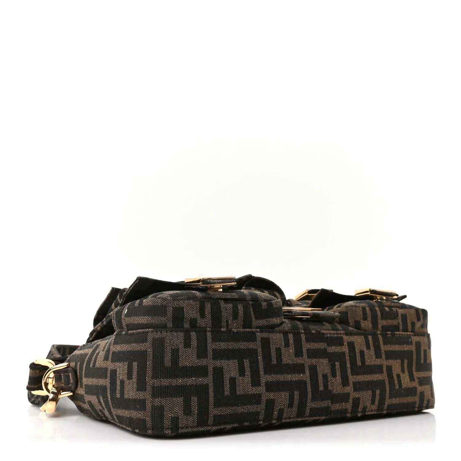 Dark brown jacquard baguette bag with FF pattern, top handle, and clasp