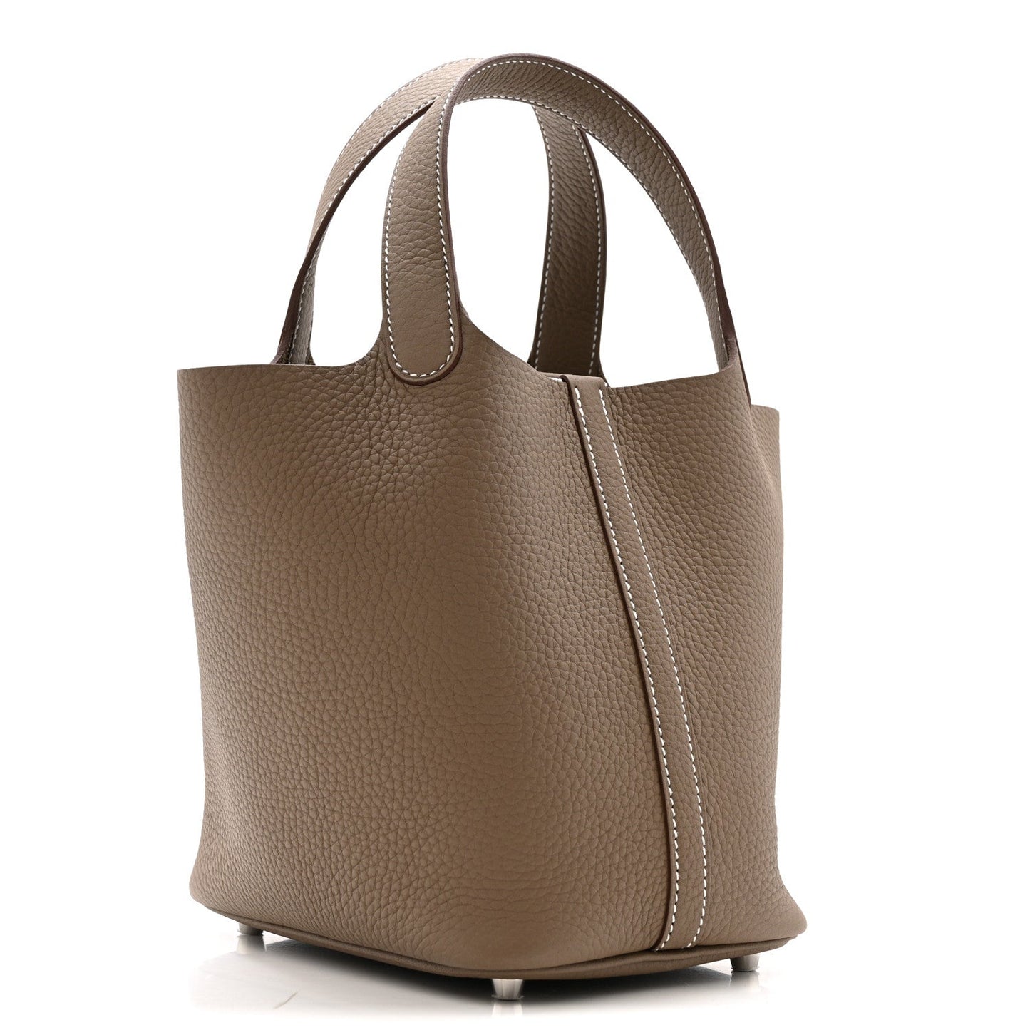 Etoupe leather tote bag with side panels and top handles, lock detail