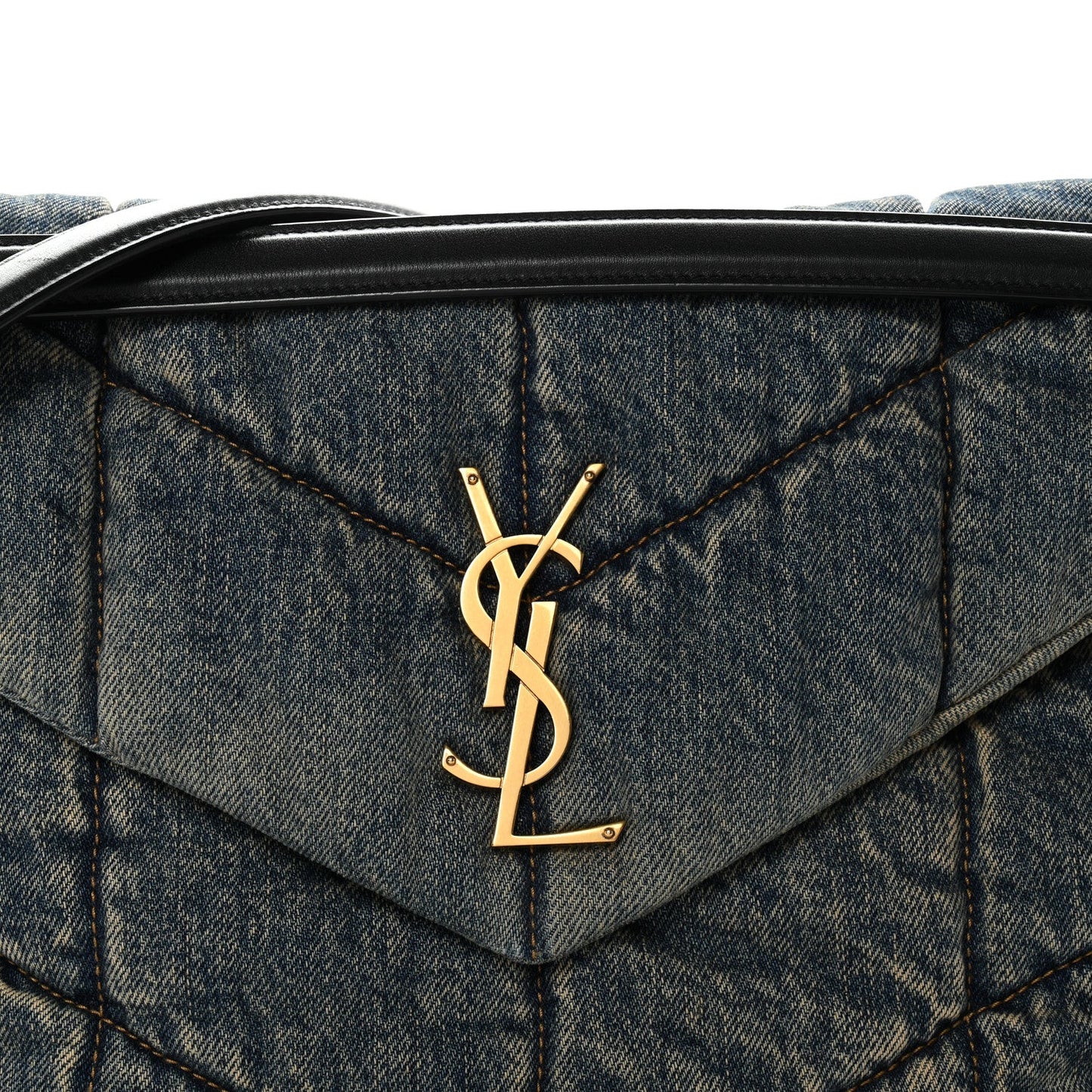 Quilted denim flap with gold YSL monogram logo on satchel