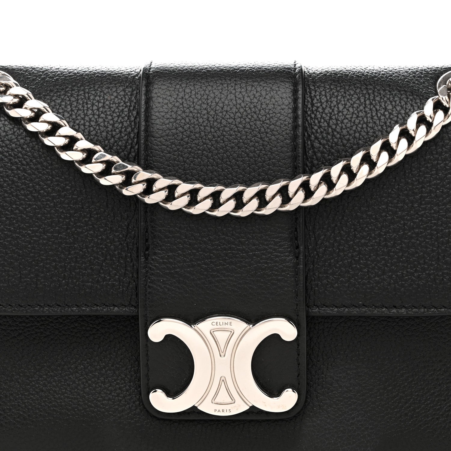 Black leather shoulder bag front with silver C clasp and chain strap