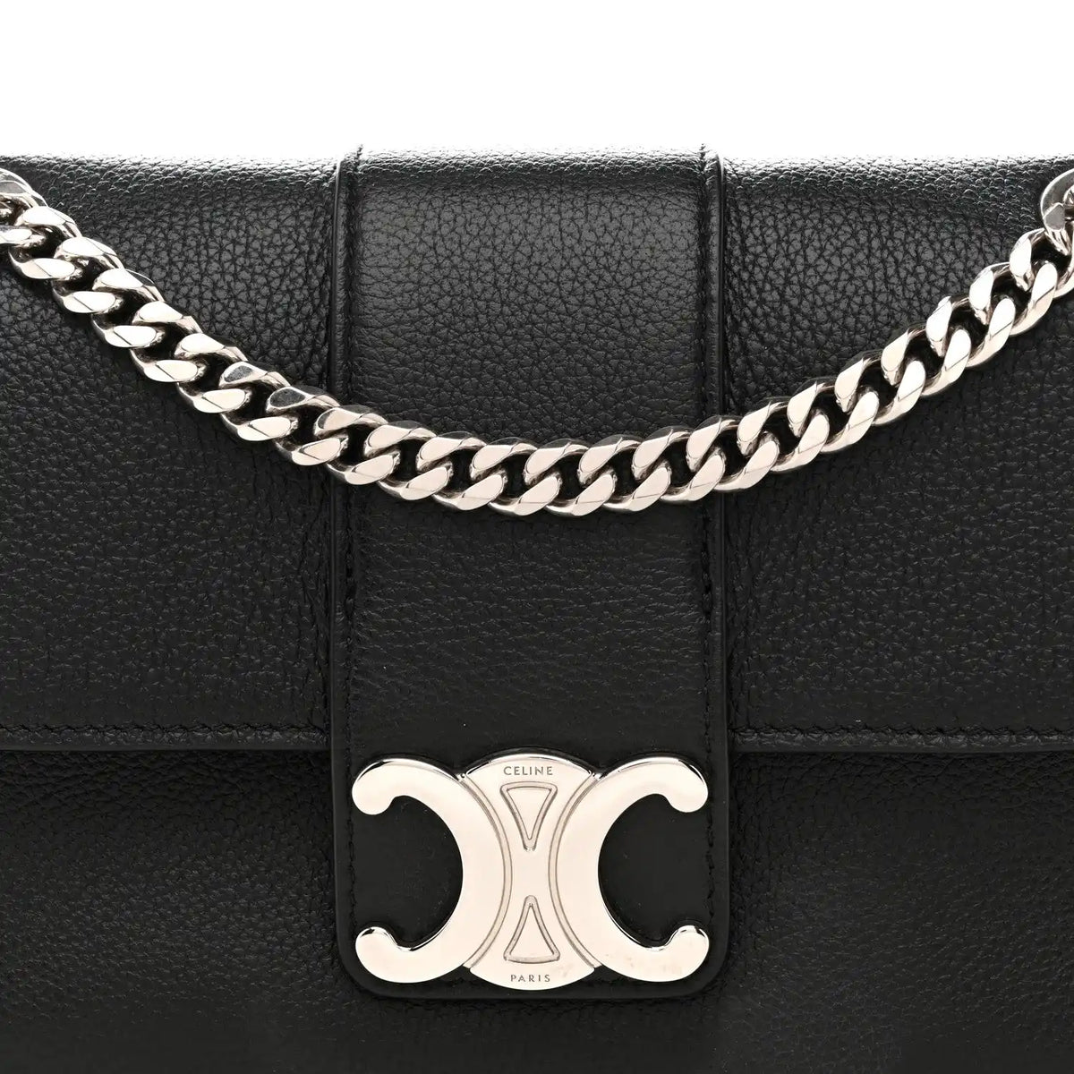 Black leather shoulder bag front with silver C clasp and chain strap