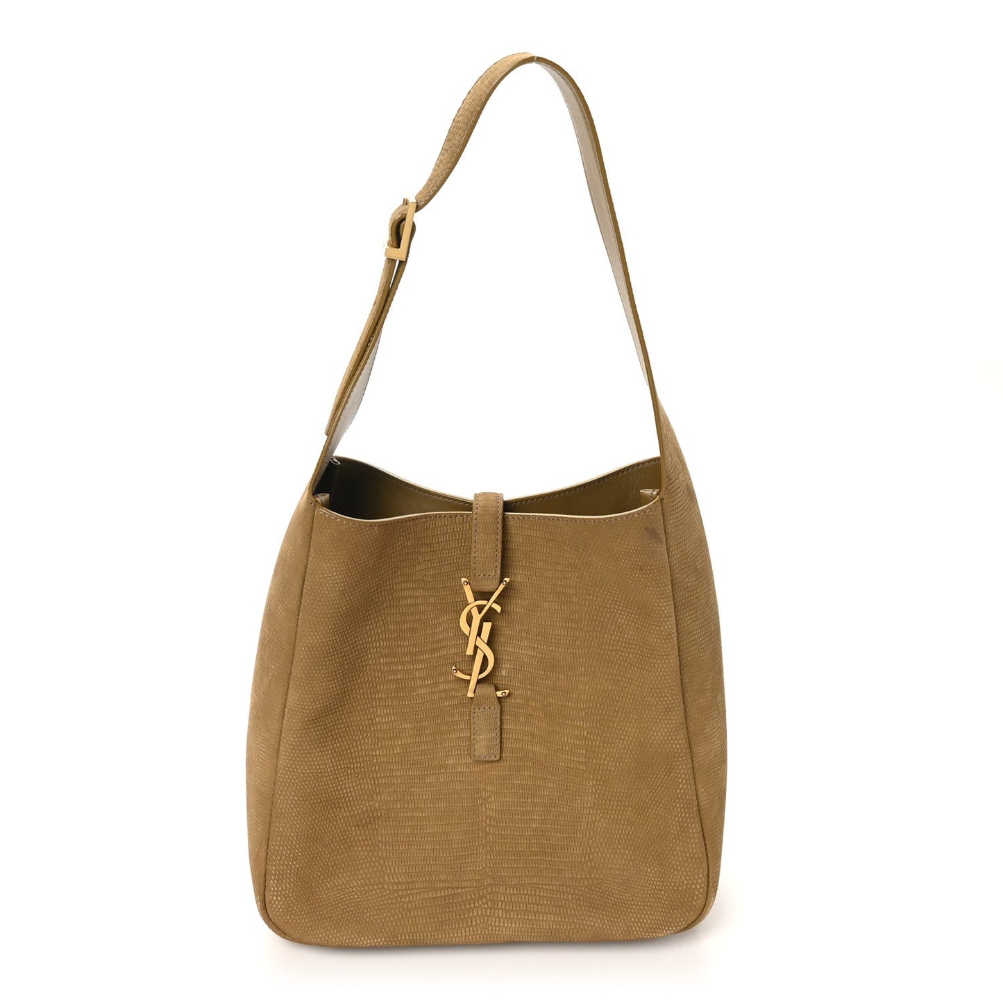 Small hobo bag with shoulder strap, open top, and YSL logo charm at center