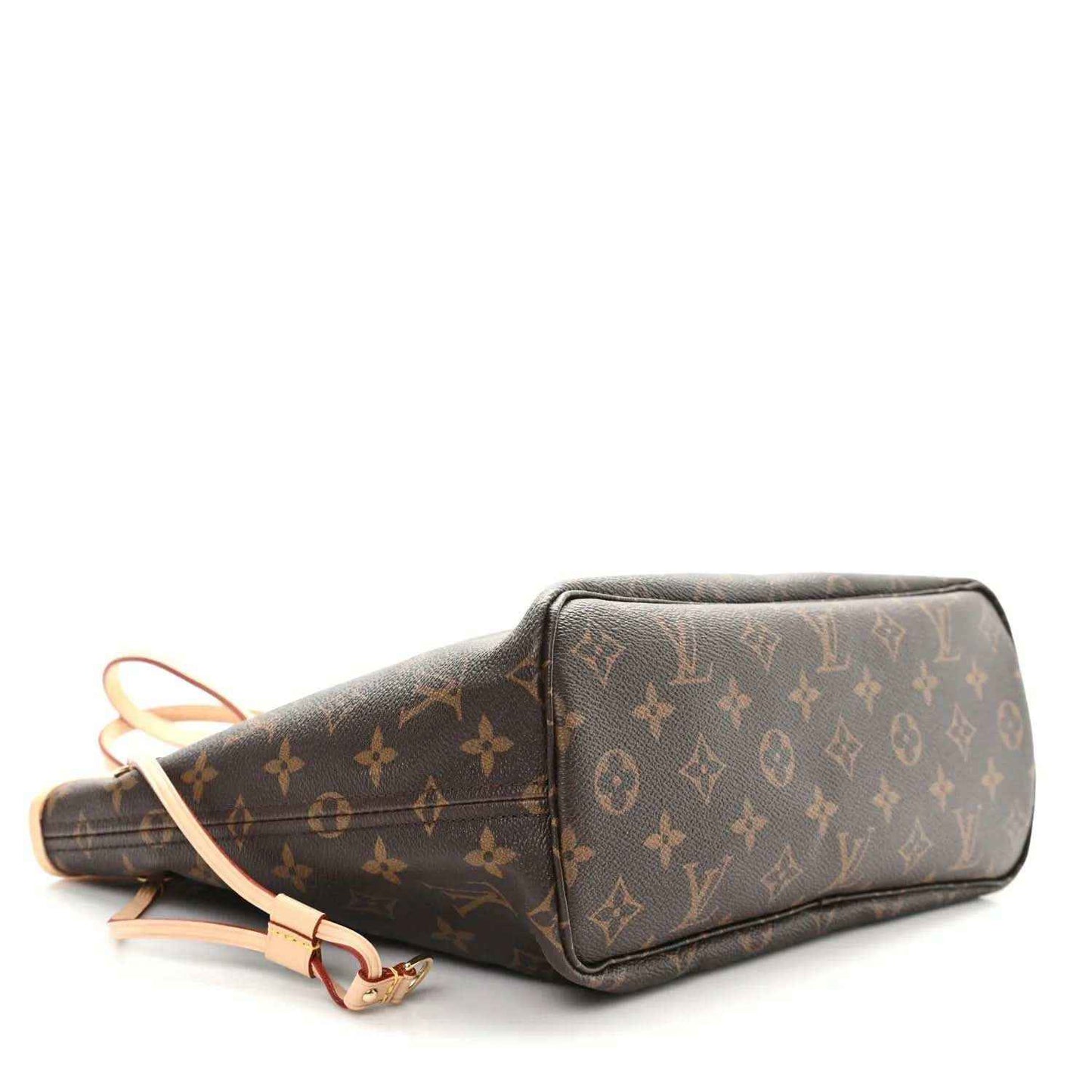 Louis Vuitton monogram canvas tote bag, side view with shoulder strap attached
