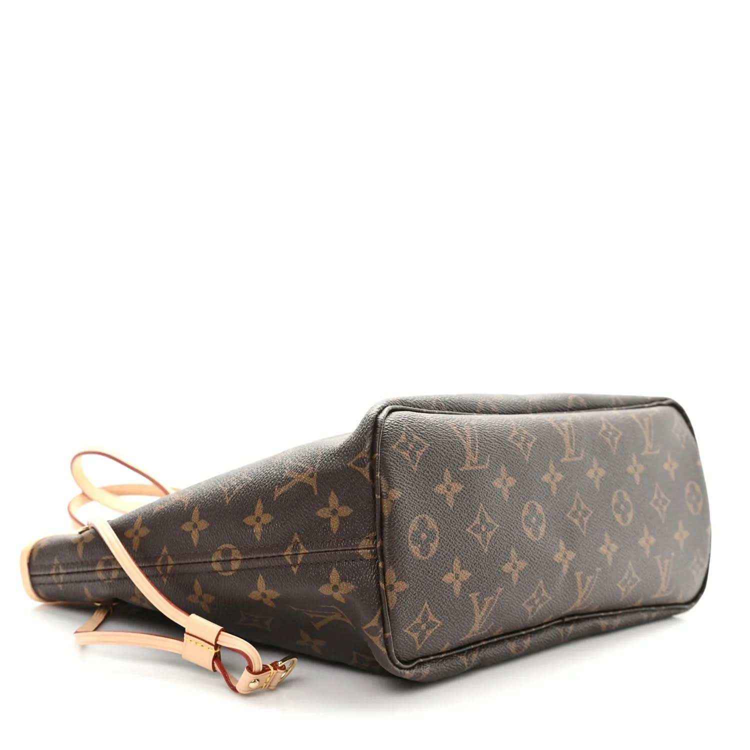 Louis Vuitton monogram canvas tote bag, side view with shoulder strap attached