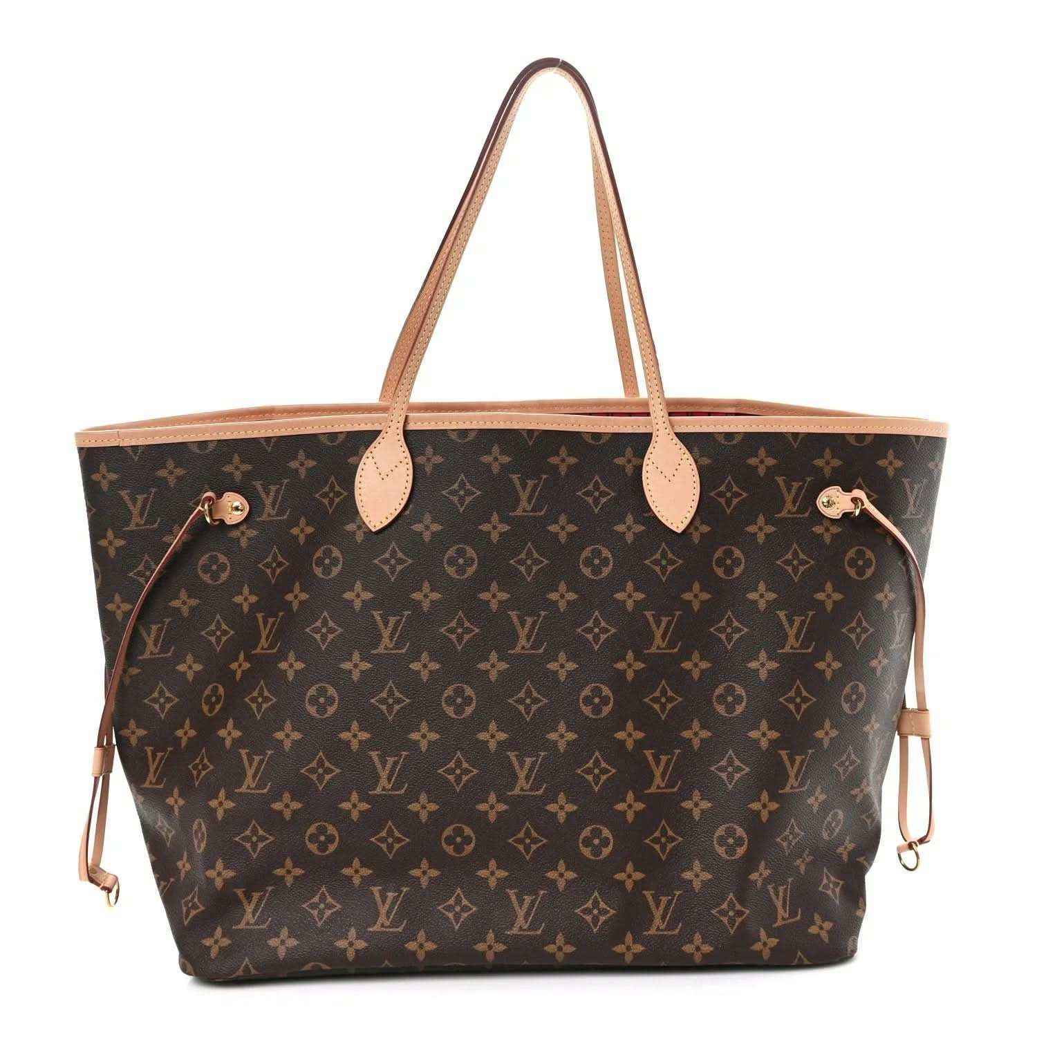 Monogram Neverfull GM tote bag with pink leather handles and trim