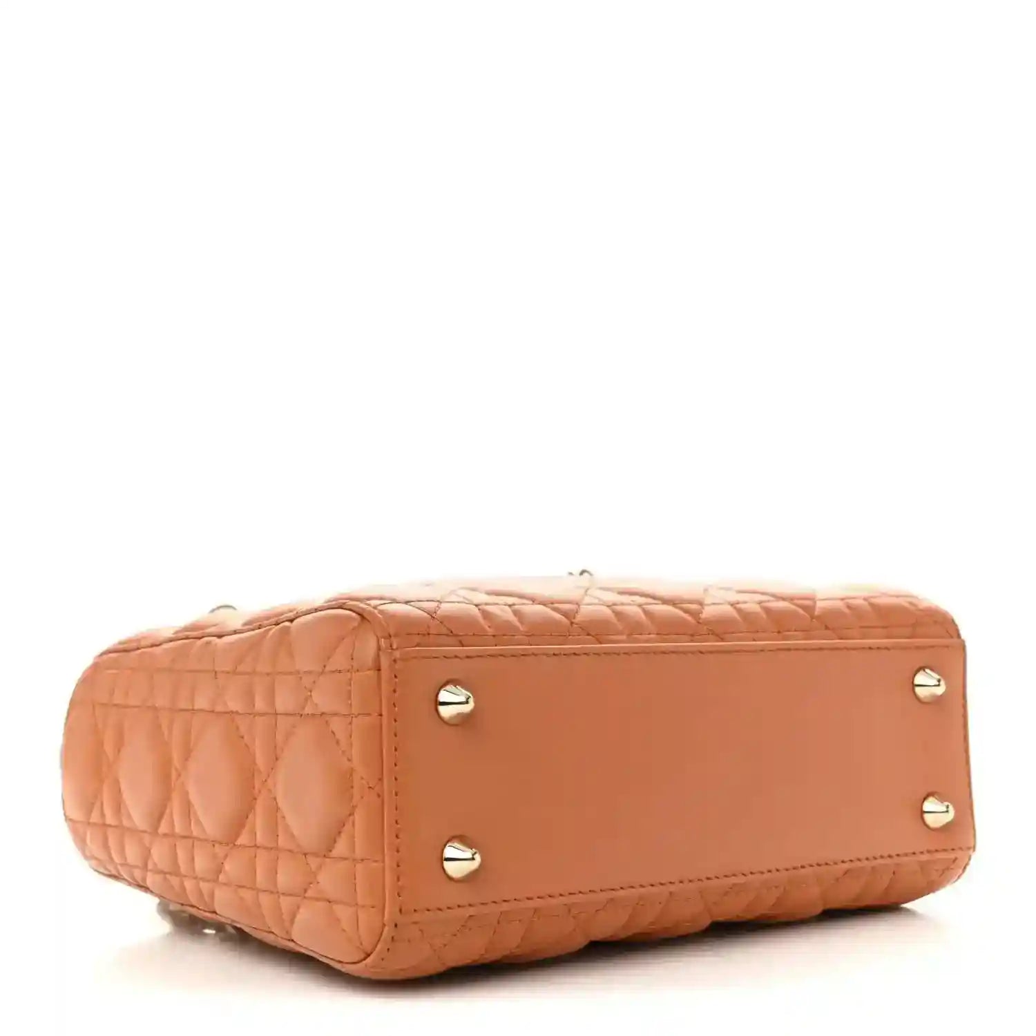 Small Lady Dior tote base in orange quilted lambskin with gold feet and back panel