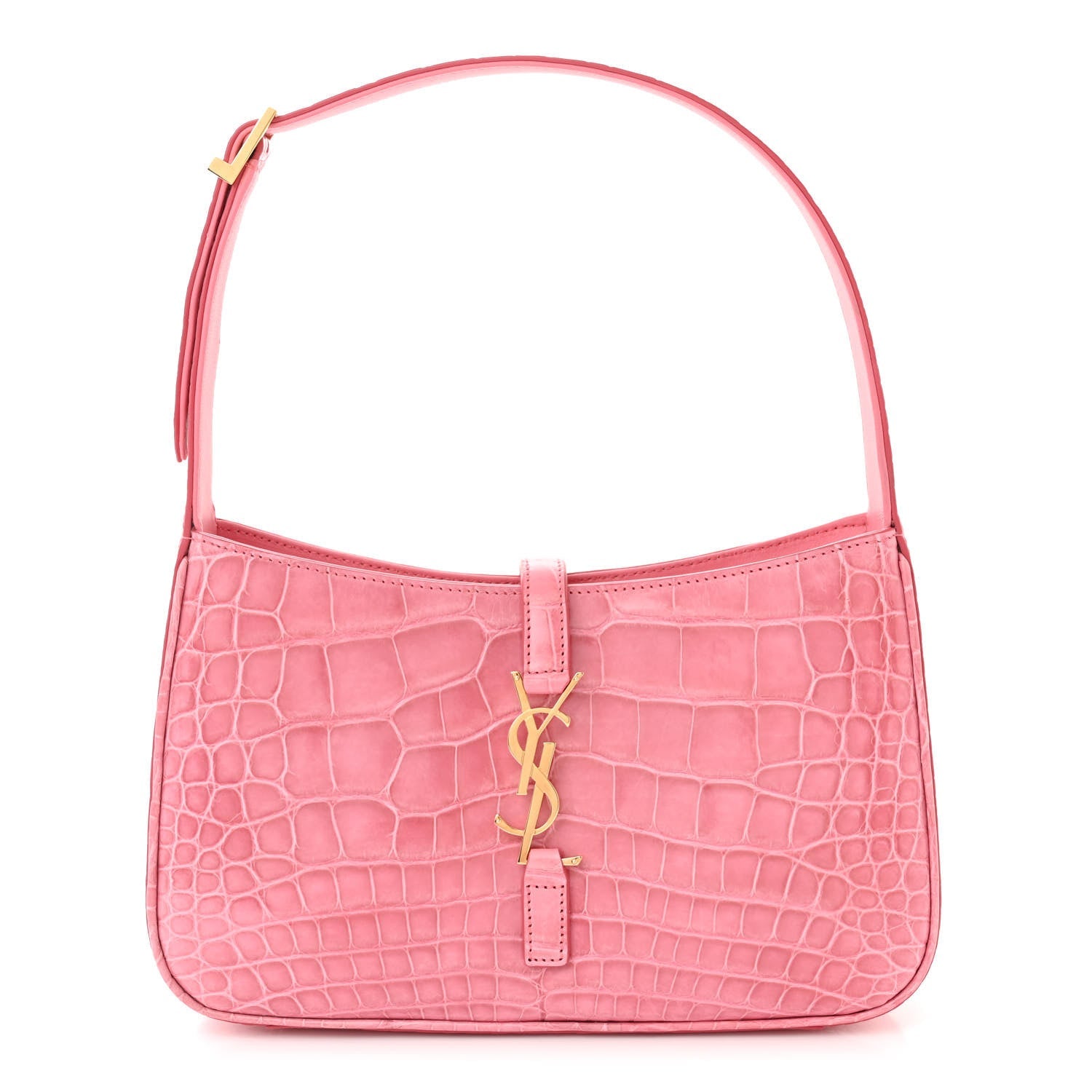 Pink alligator-textured hobo bag with top handle and gold YSL charm hardware