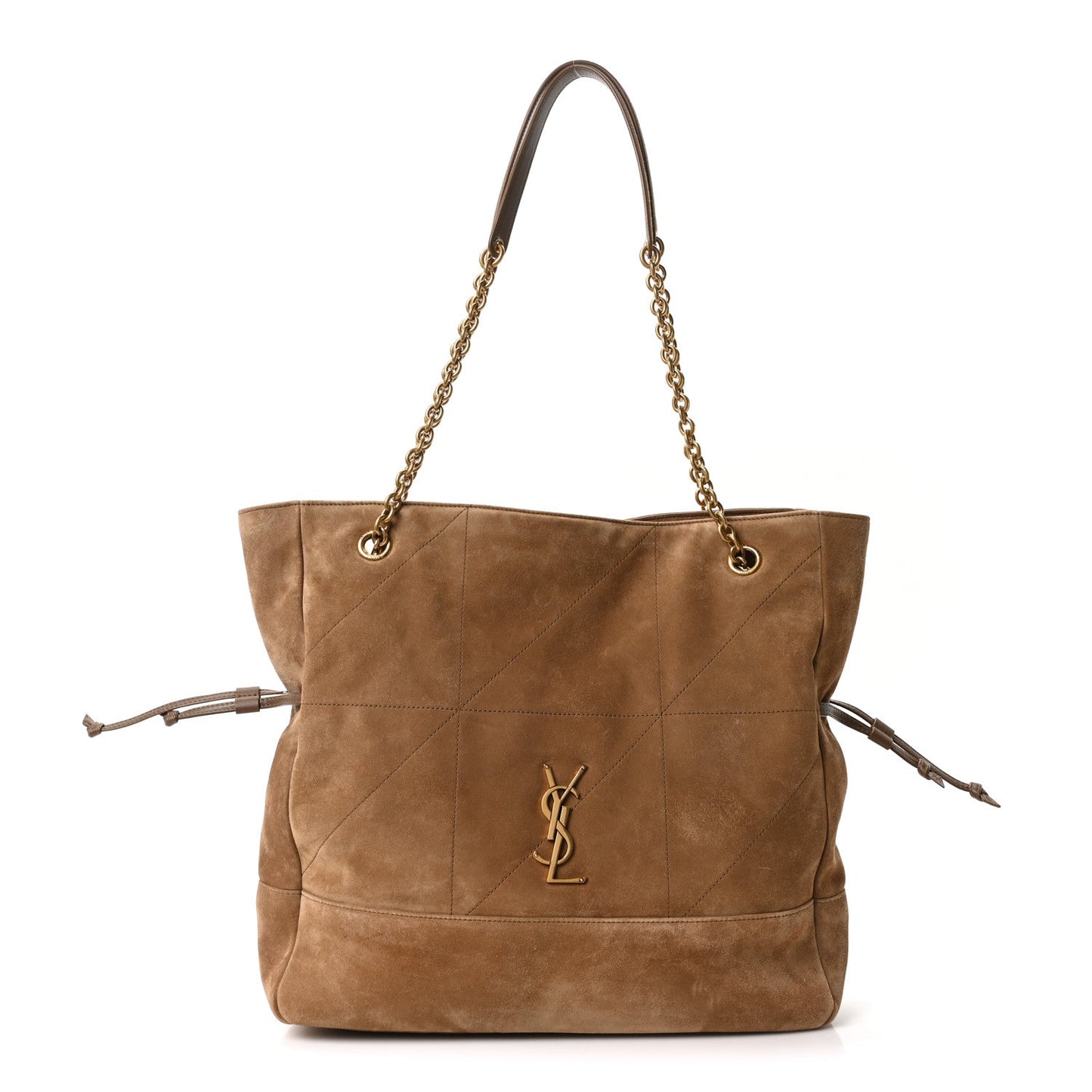 Suede medium shopping tote in golden brown with chain handles and YSL logo