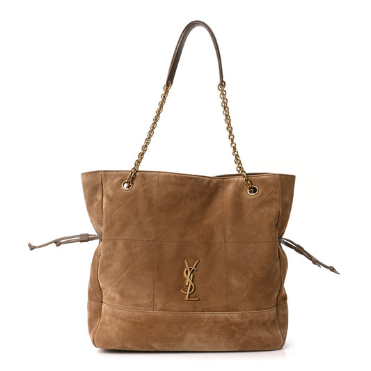 Suede medium shopping tote in golden brown with chain handles and YSL logo