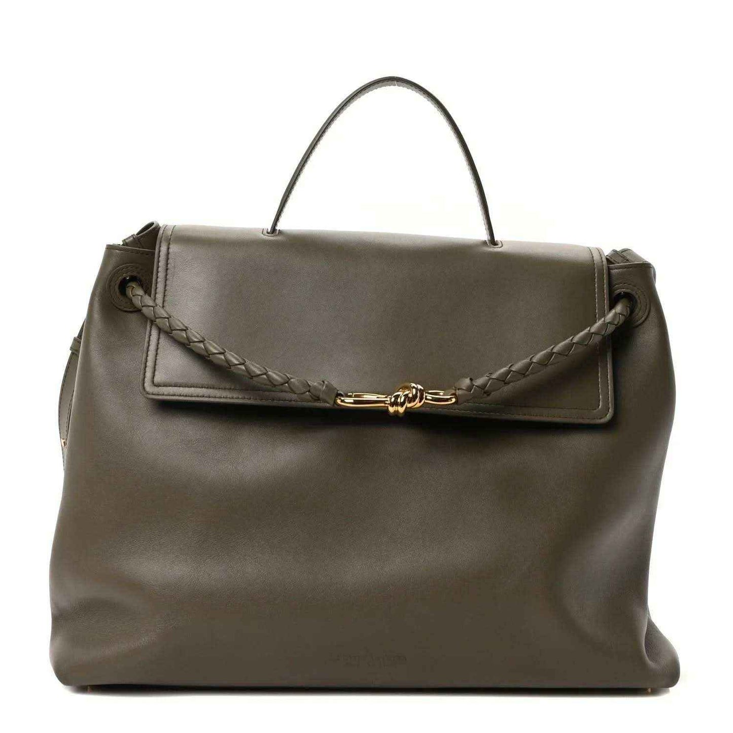 Large cypress calfskin handbag, top handle, front flap with braided trim and gold clasp