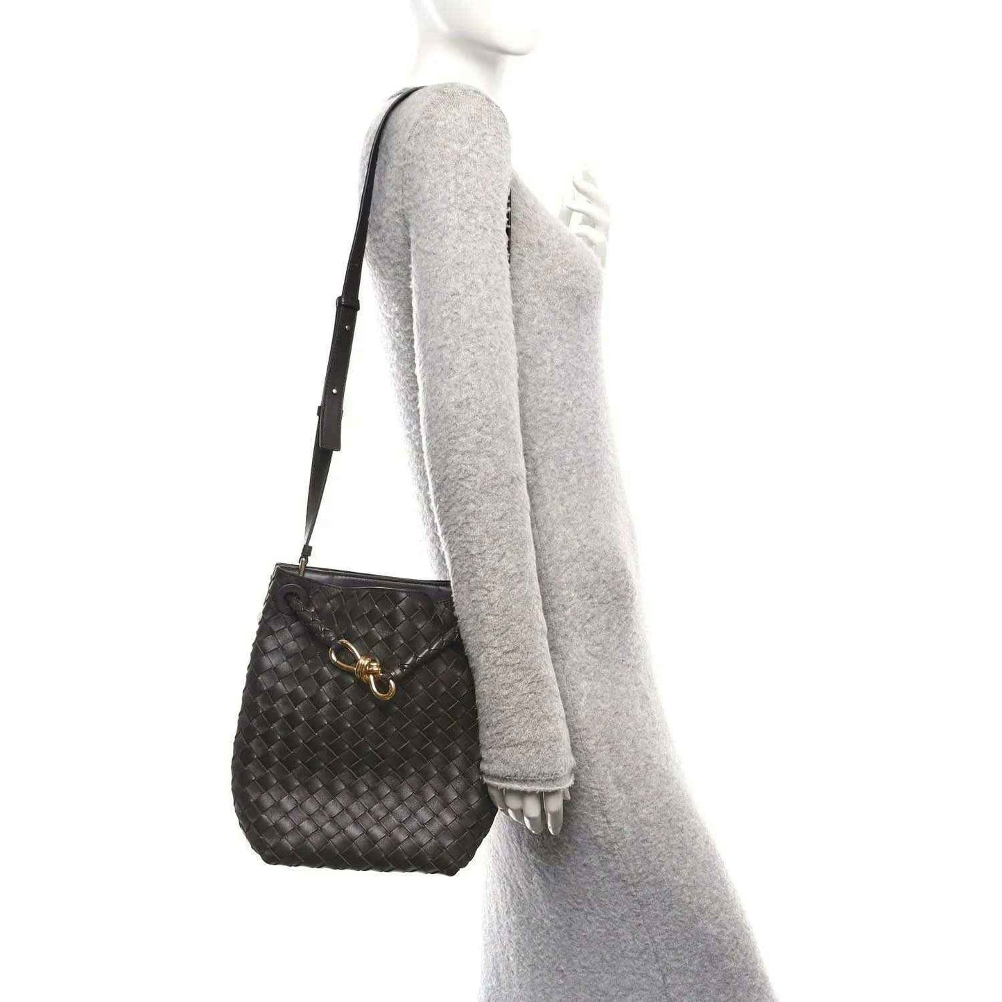 Small intrecciato nappa leather bucket bag, dark color, crossbody strap with small pouch