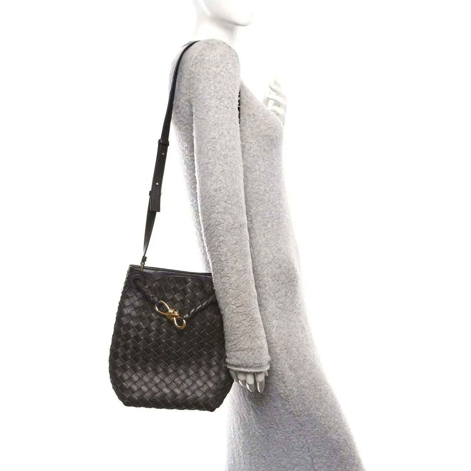 Small intrecciato nappa leather bucket bag, dark color, crossbody strap with small pouch