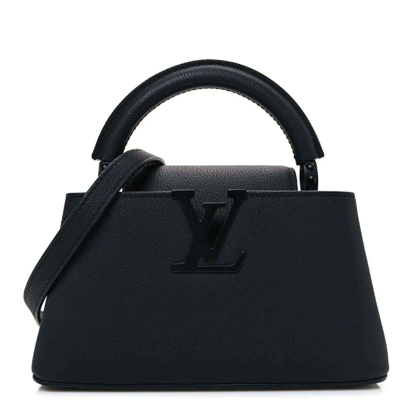 Louis Vuitton mini handbag in matte black leather with top handles and LV emblem.